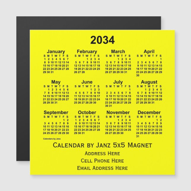 Calendrier commercial jaune 2034 par Janz (Devant / Derrière)