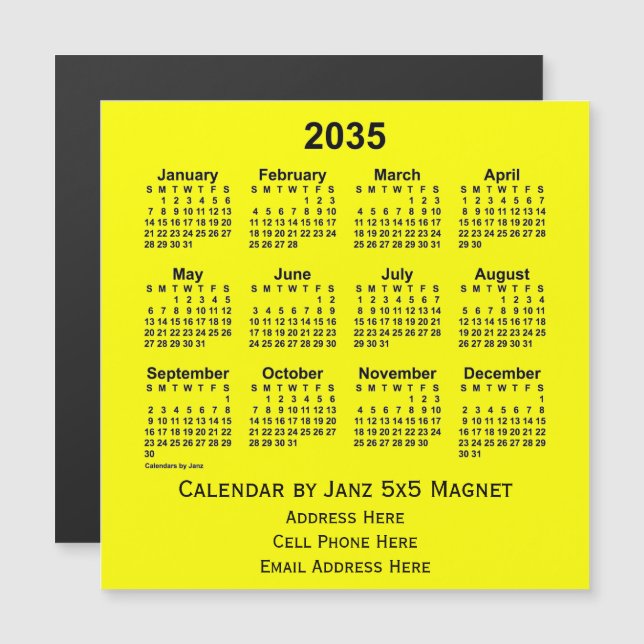Calendrier commercial jaune 2035 par Janz (Devant / Derrière)