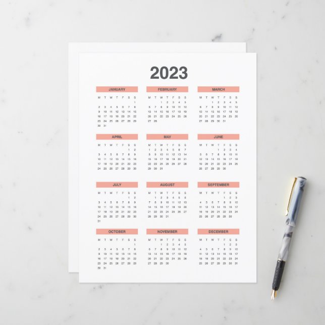 Calendrier complet 2023 à partir du lundi (Devant/Arrière en situation)
