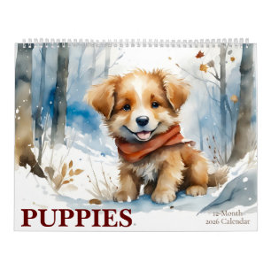 Calendrier Couleur d'aquarelle des chiots mignons Art 12-Mois