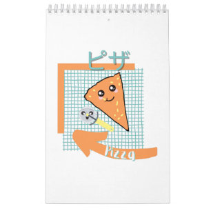 Calendrier cuisine kawaii - pizza mignonne, orange, turquoise