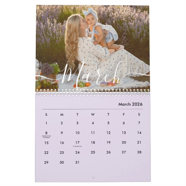 Calendrier Custom Family Photo | Personalized Soft Lavender (Mar 2026)