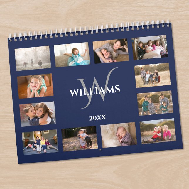 Calendrier Custom Monogram Name Navy Blue Photo (Custom Monogram Name Navy Blue Photo Calendar in situ)