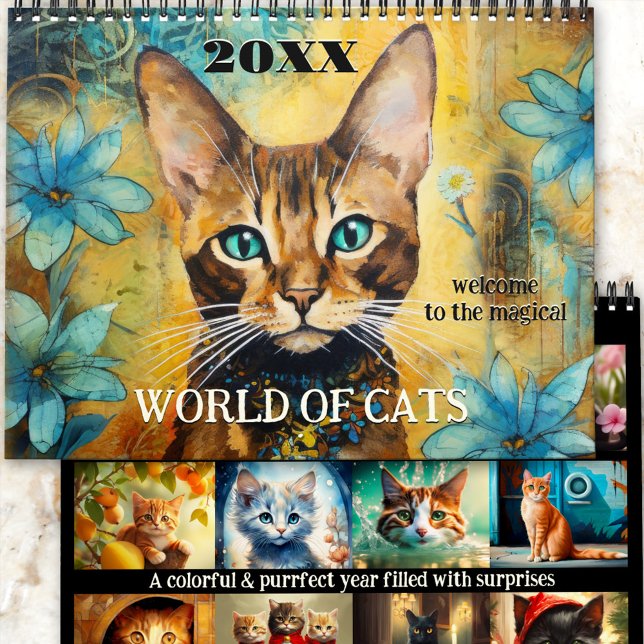 Calendrier Cute Art Magique Chat World (An artistic calendar with colorful whimsical fantasy illustrations of cats in different styles. )
