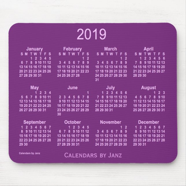 Calendrier de 2019 pourpres par le tapis de souris (Devant)