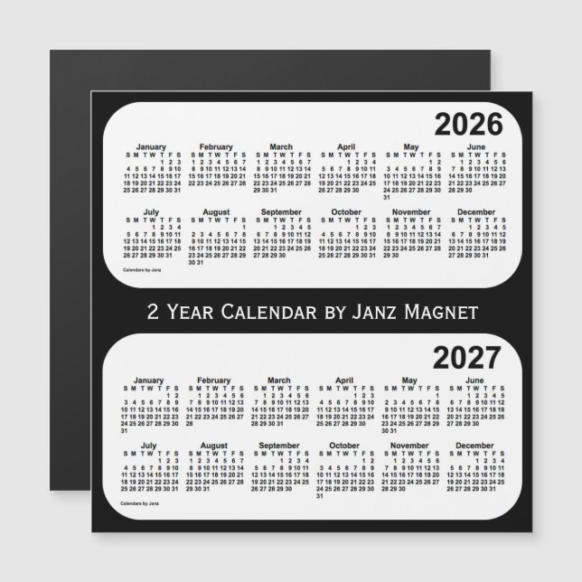 Calendrier de 2 ans noir et blanc 2026-2027 par Ja (Devant / Derrière)