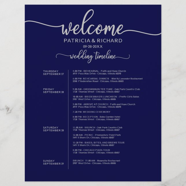Calendrier de 4 jours pour un mariage Navy Blue Ar (Devant)