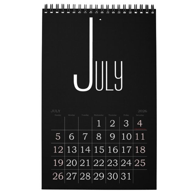 Calendrier de couleur noire minimaliste (Jul 2026)