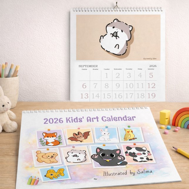 Calendrier de dessins d'enfants 2026, Animaux mign (2026 Kids Drawings Calendar, Salma's Cute Animals Calendar, Kids drawings turn into art)