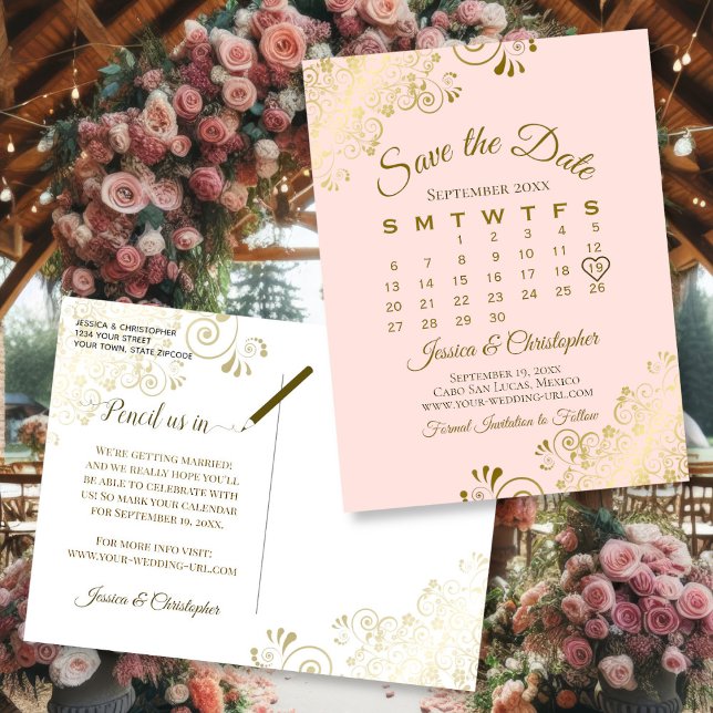 Calendrier de Faire-Part de Mariage Rose Pâle et O (Front/Back)