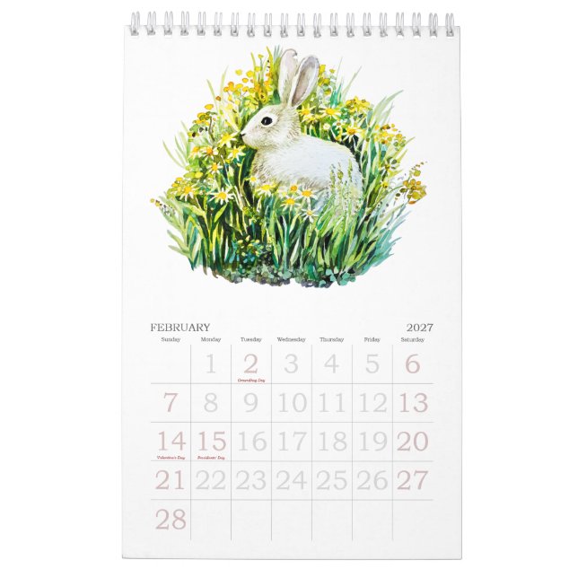 Calendrier de fleurs et d'animaux à l'aquarelle (Feb 2027)