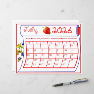 Calendrier de juillet 2026 en tissu rouge bleu bai