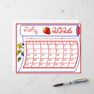 Calendrier de juillet 2026 en tissu rouge bleu bai