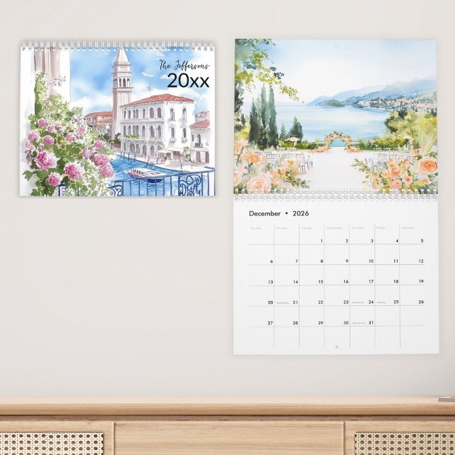 Calendrier de la famille de l'aquarelle de paysage (beautiful italian scenic view wall 2026 personalized calendar)