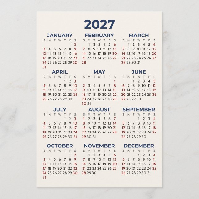 Calendrier de l'année 2027 Votre Couleurs Carte Si (Devant)
