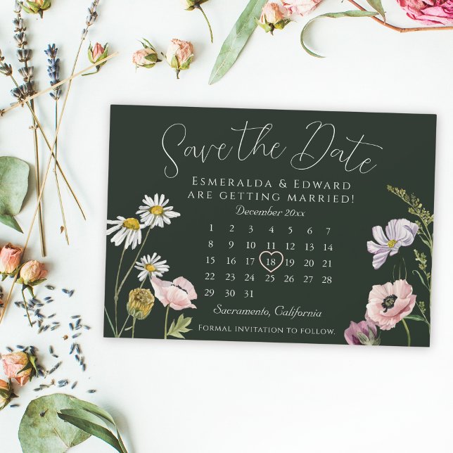 Calendrier de mariage à fleurs sauvages vertes pou (Créateur téléchargé)
