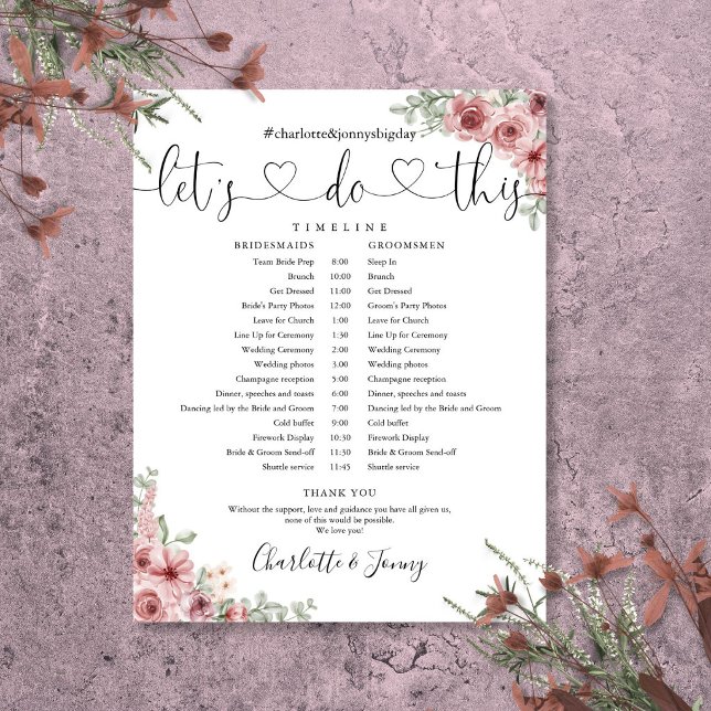 Calendrier de mariage à l'écriture florale Rose Po (Dusty Rose Floral Script Wedding Schedule Timeline)