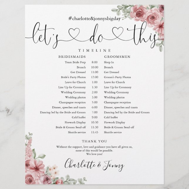 Calendrier de mariage à l'écriture florale Rose Po (Devant)