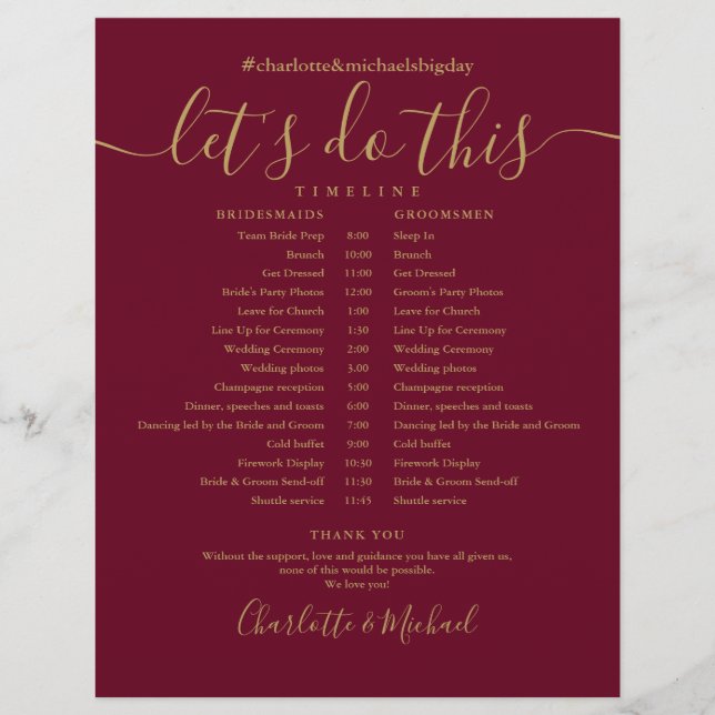 Calendrier de mariage à l'élégance bordeaux et or (Devant)