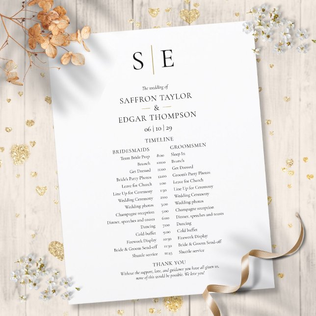 Calendrier de mariage à monogramme moderne (Modern Monogram Wedding Schedule Timeline)