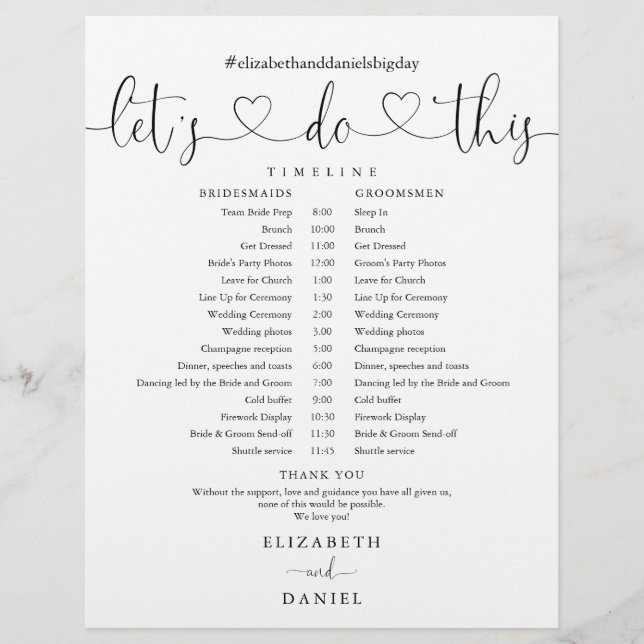 Calendrier de mariage à script noir et blanc (Devant)