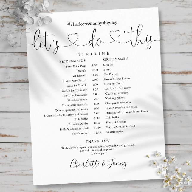 Calendrier de mariage à script noir et blanc (Black And White Script Wedding Schedule Timeline)