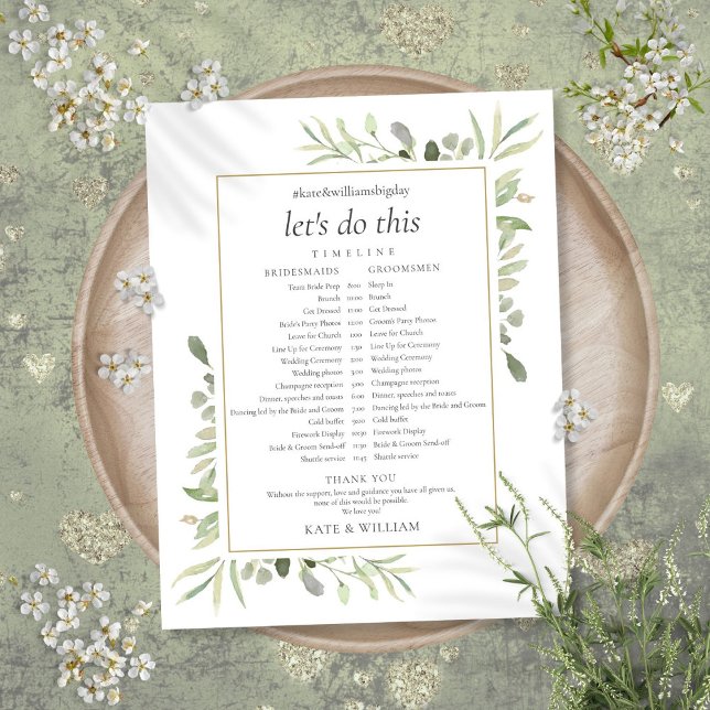 Calendrier de mariage avec feuillage verdoyant (Greenery Foliage Wedding Schedule Timeline)
