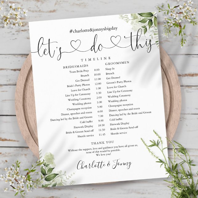 Calendrier de mariage avec feuilles de verdure (Greenery Leaves Script Wedding Schedule Timeline)