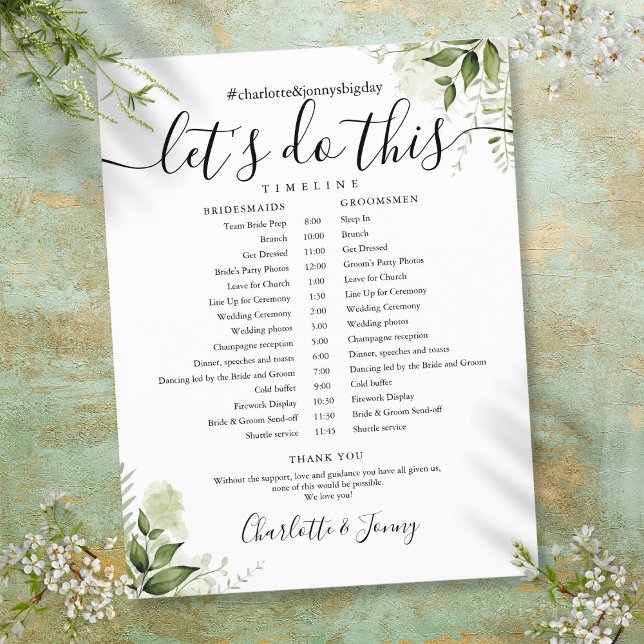 Calendrier de mariage avec feuilles de verdure Scr (Greenery Leaves Script Wedding Schedule Timeline)