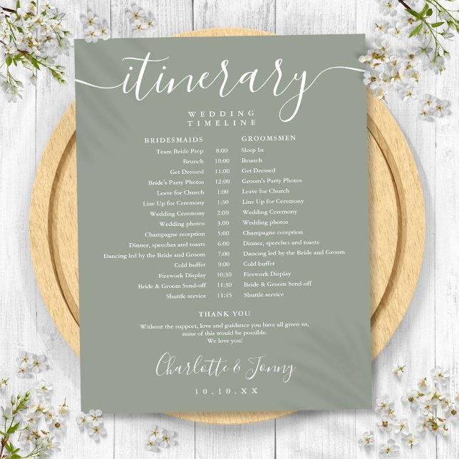 Calendrier de mariage avec itinéraire et timeline  (Sage Green Schedule Wedding Itinerary Timeline)
