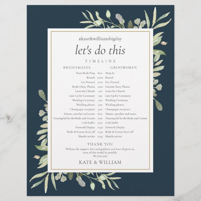 Calendrier de mariage avec verdure de bleu de mer  (Devant)