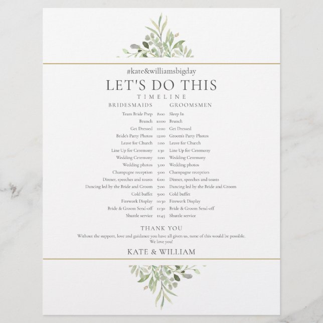 Calendrier de mariage avec verdure élégante (Devant)
