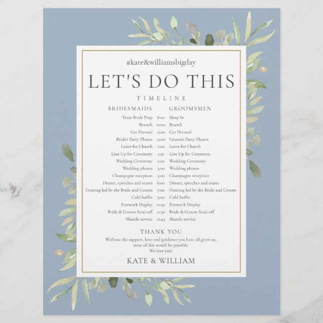 Calendrier de mariage avec verdure en bleu poussié (Devant)