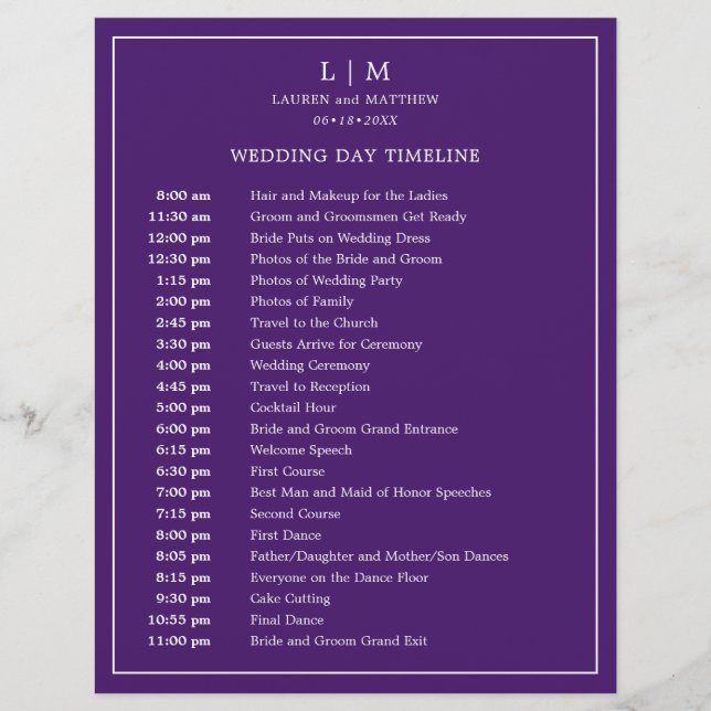 Calendrier de mariage élégant à monogramme violet  (Devant)
