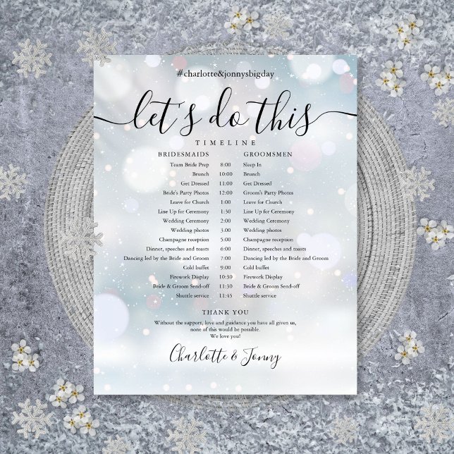 Calendrier de mariage élégant en écriture d'hiver (Winter Elegant Script Wedding Schedule Timeline)