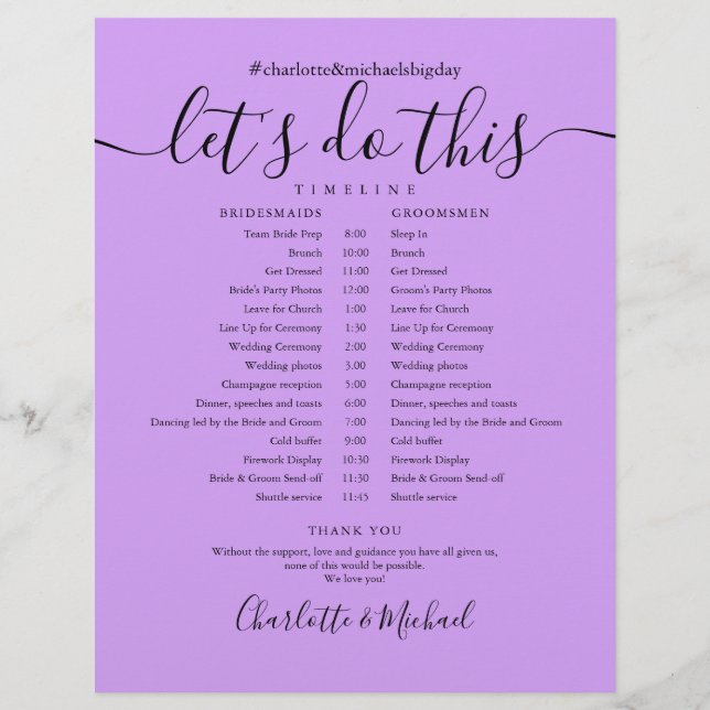 Calendrier de mariage élégant lavande lilas (Devant)