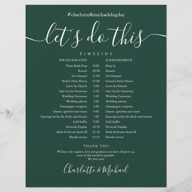 Calendrier de mariage élégant vert émeraude (Devant)