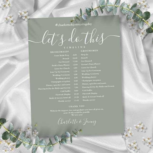 Calendrier de mariage élégant vert sauge (Elegant Sage Green Wedding Schedule Timeline)