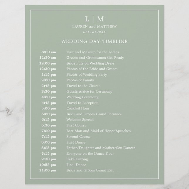 Calendrier de mariage élégant vert sauge simple (Devant)