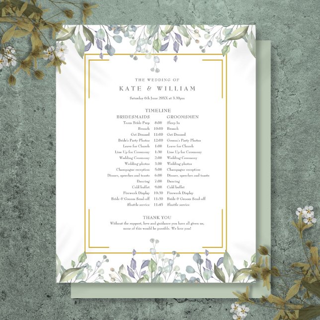 Calendrier de mariage floral de verdure (Greenery Floral Wedding Schedule Timeline)