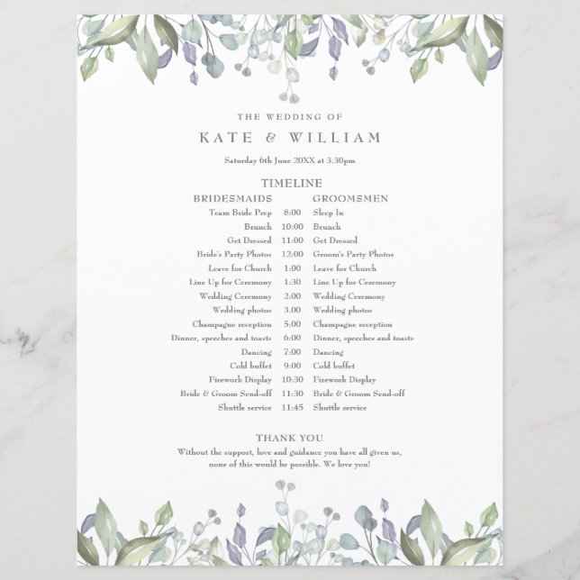 Calendrier de mariage floral feuillage verdure (Devant)