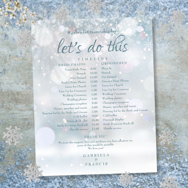 Calendrier de mariage hivernal avec premières floc (First Snowflakes Winter Wedding Schedule Timeline)