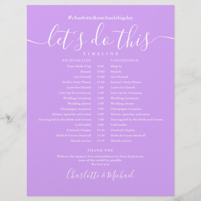 Calendrier de mariage moderne lilas lavande (Devant)