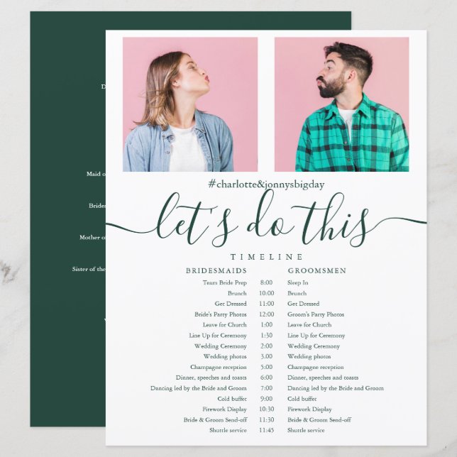 Calendrier de mariage photo écriture émeraude (Devant / Derrière)