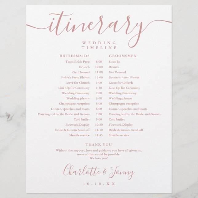 Calendrier de mariage rose poudré Itinéraire Chron (Devant)