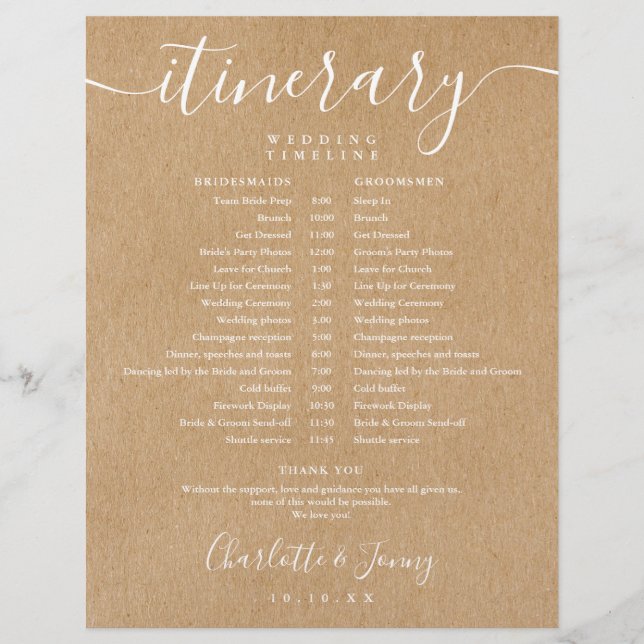Calendrier de mariage rustique Kraft Itinéraire ch (Devant)