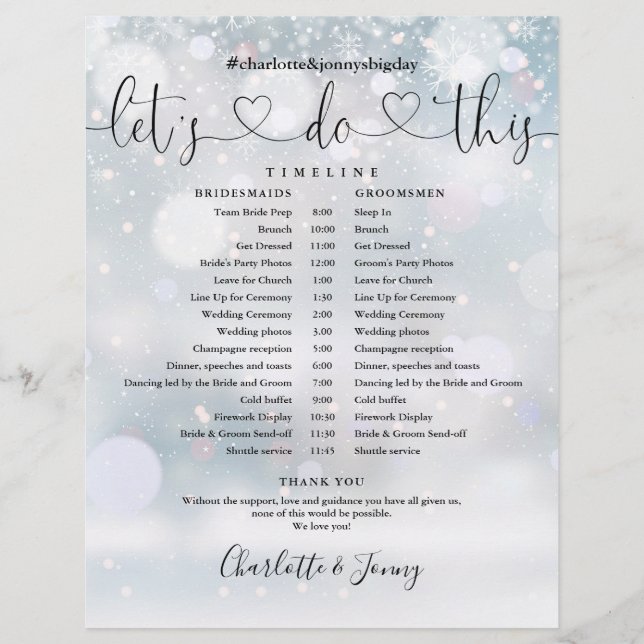 Calendrier de mariage script à thème flocons de ne (Devant)
