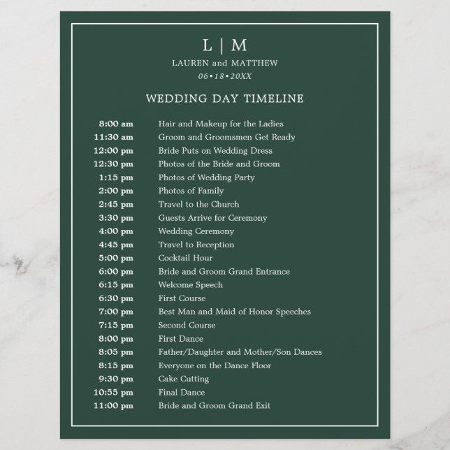 Calendrier de mariage simple avec monogramme en ve (Devant)