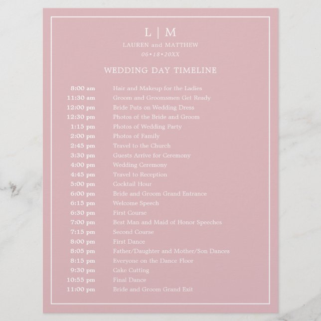 Calendrier de mariage simple avec monogramme rose  (Devant)