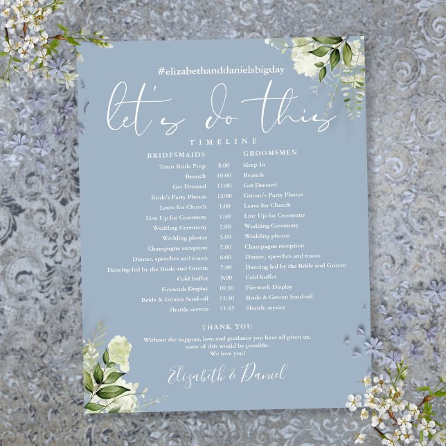 Calendrier de Mariage vert Dusty Blue (Greenery Dusty Blue Wedding Schedule Timeline)